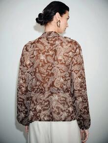Lumivelle Áo kiểu nữ màu nâu đậm họa tiết paisley hoa văn, tay bồng, cổ chữ V, chất liệu chiffon, dáng rộng, thoáng mát, nhẹ nhàng, thích hợp cho kỳ nghỉ, chống nắng. - màu nâu - Xem 2