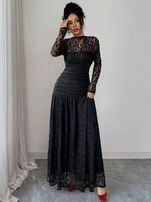 Elenzga Women's Autumn/Winter Lace Ruched Bodycon Dress, Versatile For Outings, Date Nights, Theme Parties, Celebrations - Black - View 5