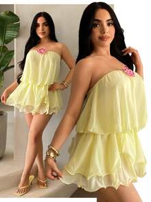 SHEIN SXY 浅黄色迷你无袖荷叶边下摆花苞沙滩裙 - 淡黃色 - 查看 3