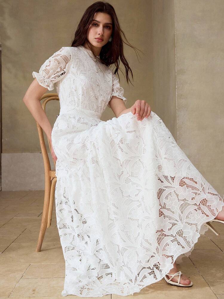 2026 SUMMER WOMEN'S JACQUARD EMBROIDERED HOLLOW-OUT WAIST CINCHED DRESS