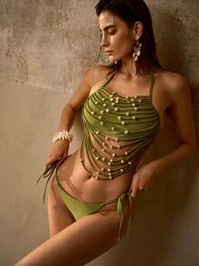 MOTF PREMIUM 串珠细节垂褶挂脖比基尼套装 - 軍綠色 - 查看 1