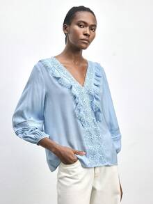 Maija Chic And Cool Women's Blue Ruffled Lace Patchwork Loose Casual Blouse Baby Blue Top Women Spring Summer Beach Outfits Women's Blouses For Summer Light Blue Top Ruffle Blouse Light Blue Blouse - Blue - View 4