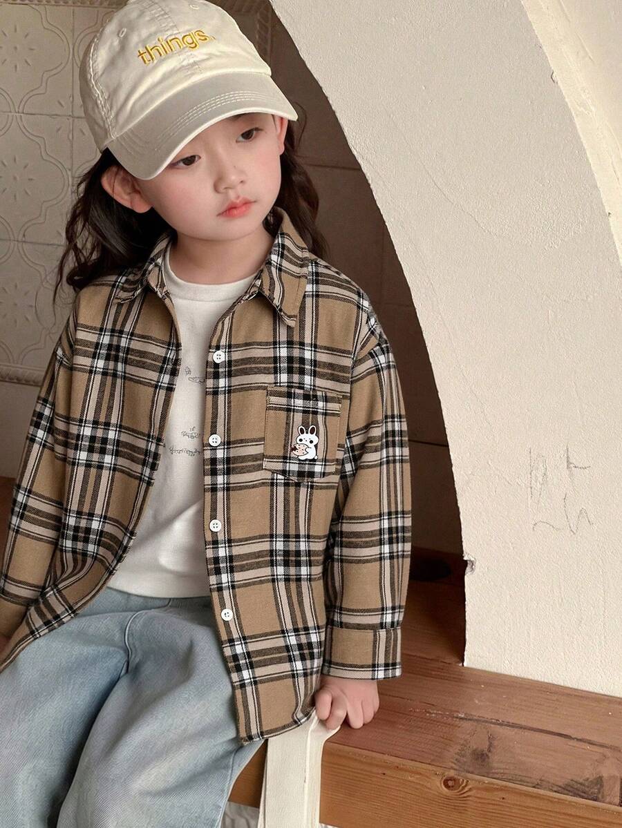 Dazy Kids Áo sơ mi dài tay kẻ caro dáng rộng cho bé gái, thích hợp mùa thu/xuân. - Hồng - Xem 1