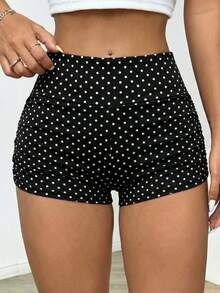 SHEIN EZwear Quần short đạp xe nữ màu trơn xếp ly chấm bi đen trắng, thích hợp cho đạp xe, yoga, thể thao mùa hè, chấm bi Ducati, chấm bi cổ điển, quần short chấm bi phong cách Mỹ, quần short đạp xe, quần short thể thao, giúp thắt eo và nâng mông. - Nhiều màu - Xem 4