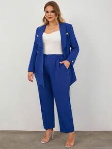 SHEIN Cottnline Plus Shawl Collar Double Breasted Blazer & Pants - Blue - View 3