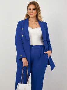 SHEIN Cottnline Plus Shawl Collar Double Breasted Blazer & Pants - Blue - View 5