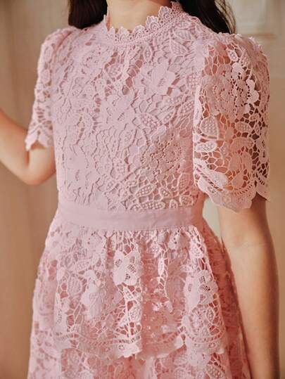 Anewsta Girls' Lace Cake Dress, Long Sleeve Pink Summer Dress For Toddler & Big Tween Girl