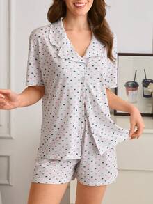 SHEIN Cotton Comfy Pajama Set With Button Detailed Sleep Shirt And A Short With Cute Heart Pattern - White - View 4