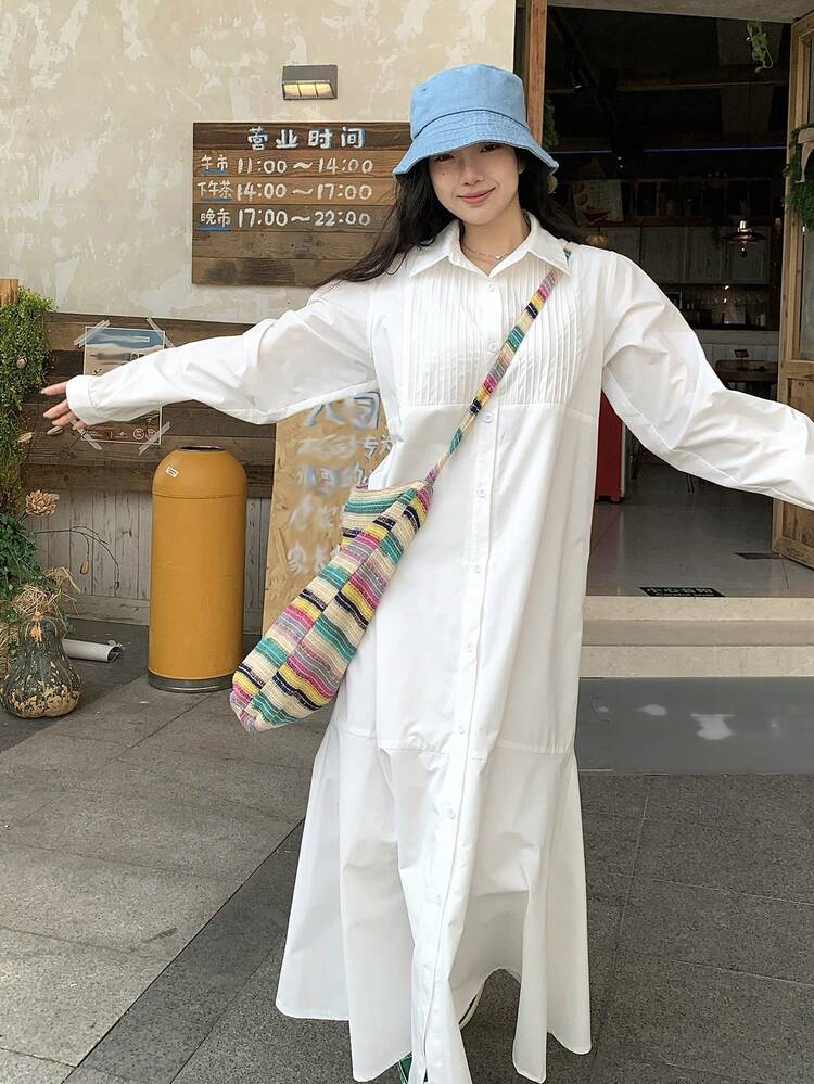 DAZY 女士纯色翻领褶裥休闲日常通勤长款连衣裙 - 淡黃色 - 查看 7