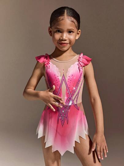 女童无袖印花体操服，舒适亲肤，贴身设计防止走光，适合艺术体操、学校舞蹈比赛等场合，四季皆宜。