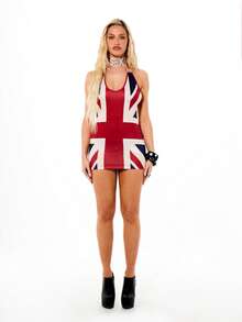 SUMWON WOMEN Halter Neck Backless Union Jack British Flag Print Mini Dress Summer Festival Party Patriotic Sleeveless Bodycon Clubwear - Multicolor - View 3