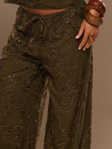 MUSERA Elasticated Tie Waist Beaded Embroidered Wide Leg Flowy Trousers Cute Summer Spring Going Out Occasion Embellished - White - View 3