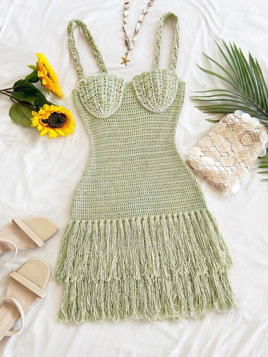 Soleia Đầm ngắn ôm sát dáng vỏ sò, viền tua rua, dây mảnh, phong cách Bohemian, Boho, thích hợp cho kỳ nghỉ, mùa xuân/hè, ngày Valentine, hẹn hò. - Nhiều màu - Xem 1