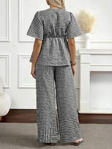 SHEIN 2pcs Set: Lace-Up Plaid Blouse & Wide Leg Pants - Black - View 2