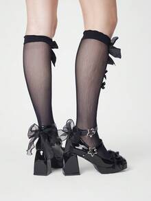ROMWE Kawaii Giày sandal cao gót nữ ~ Mẫu thời trang mới 2026 mùa xuân thu, giày cao gót buộc dây nơ kiểu dáng ngọt ngào và cá tính, giày đế dày, giày Mary Jane chống thấm nước đa năng cho nữ, giày da nhỏ thời trang. - màu đen - Xem 5