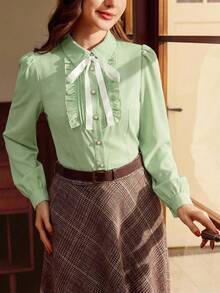 Vintamour 复古优雅女士衬衫，撞色滚边，蝴蝶结荷叶边下摆，纽扣设计，休闲百搭，适合工作、度假、秋季、冬季、圣诞节等各种场合。优雅女士衬衫 - 薄荷綠 - 查看 6