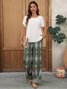 EMERY ROSE 两件套女士休闲圆领上衣和宽松长裤，百搭套装，适合春夏穿着 - 彩色 - 查看 3