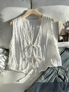 SHEIN EZwear 大码休闲度假风系带背心衬衫 - 白色 - 查看 4