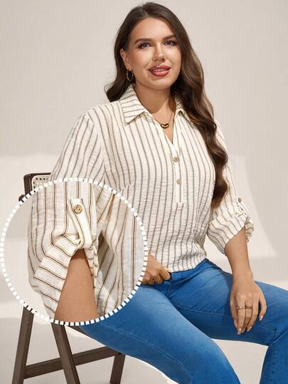 Comfylo Plus Size Women'S Clothing / Fashionable Casual Loose Comfortable Everyday Versatile Slimming Apricot Striped Oversized Button-Down Shirt Set, Women'S Shirt, Simple Style, Work Top, Extra Large Button-Down Apricot Striped Shirt, Plus Size Women'S Loose Shirt, Summer Shirt,Plus-Size Women'S V-Neck Short-Sleeved Shirt With A Soft Fabric, Suitable For Graduation Ceremonies, Holidays, Music Festivals, Mother'S Day, Halloween, National Day, Dances, Dates, Parties, Weddings, Outdoor Activities, Etc. Apricot Striped Shirt, Plus-Size Apricot Shirt, Short-Sleeved Shirt.Casual Blouses For Women,Elegant Blouse,Simple Women Tops,Cinched Waist Fitted Top,Women'S Blouses,For Daily Wear,Elegant And Fashionable For Commuting,Office Siren Style Outfits Plus Size Button Down Shirt Curve Blouses For Women Shirts For Women Plus Tops For Women Plus Plus Size Blouses Plus Size Western Tops Western Tops For Women Plus Size Striped Tops