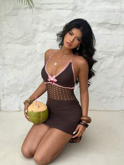 Aloruh Coffee Color Knitted Contrast Color 3D Floral Mini Dress, Elegant Holiday Beach Dress
