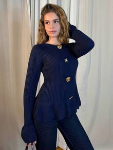 Aless PB 女士优雅金属扣袖口和荷叶边下摆设计长袖毛衣，秋冬 - 藏蓝色 - 查看 1