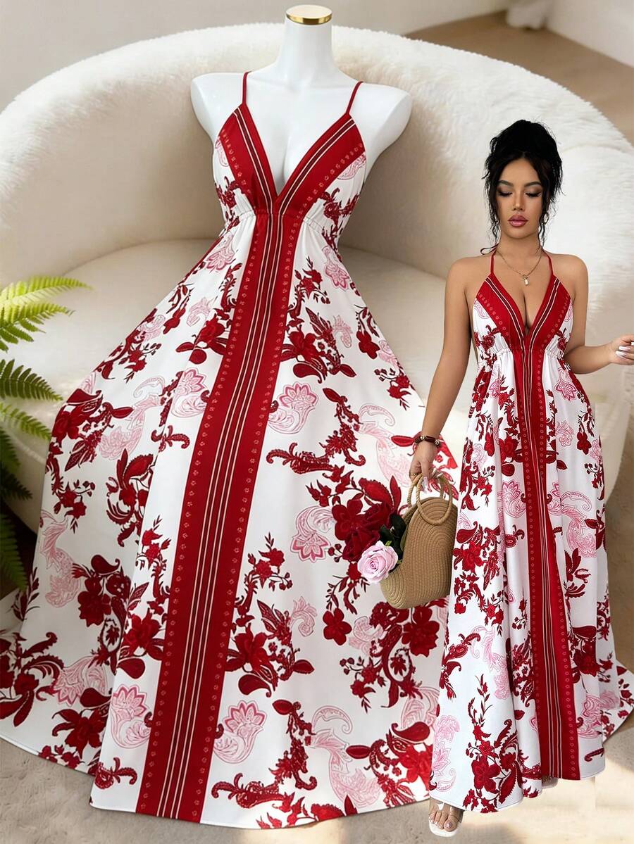 SHEIN Women's Print Spaghetti Strap Tie Waist A-Line Dress, Charming Sexy Elegant Daily Commute Vacation Fashion Date French Street Retro Versatile Spring Summer Red White New Long Sleeveless Spaghetti Strap Slip Dress - Multicolor - View 1