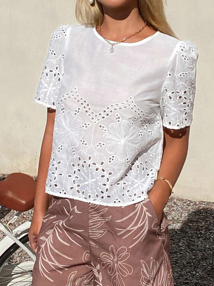 White Round Neck Short Sleeve Petal Sleeve Loose Solid Color Hollow Lace Trim Blouse For Women, Suitable For Holiday, Party, Spring & Summer