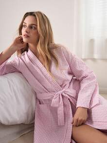 Ocili Women's Plaid Long Sleeve Robe With Belt - Pink - View 6