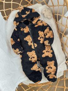 SHEIN Bộ đồ liền thân có mũ trùm đầu họa tiết hoạt hình lông xù dễ thương cho bé trai/bé gái sơ sinh, mùa thu/đông - màu đen - Xem 7