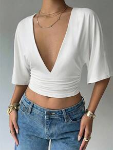 Aloruh Summer New Casual Elegant Batwing Sleeve White Cropped V-Neck Ruched Slim T-Shirt, Shirt, Avant-Garde Y2K T-Shirt Outfit Holiday Outfit Vacation Look Beach Everyday Occasion Outfit Womens Outfit Trending Outfit - White - View 9