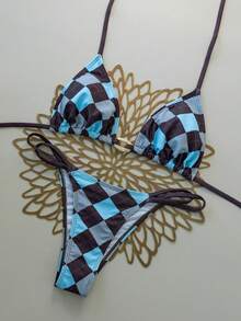 Swim Mod 女士格子印花挂脖系带比基尼两件套泳衣，适合海滩度假，春夏款 - 彩色 - 查看 5