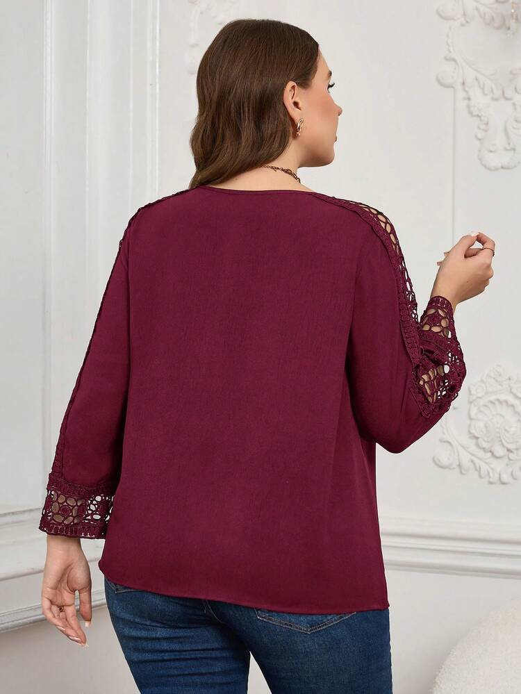 Plus Size Casual/Work Solid Color Hollow Long Sleeve Shirt