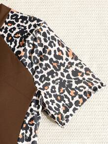 SHEIN Tween Girls Leisure Vacation Swim Summer Beach Black Patchwork Leopard Print Zipper One Piece Swimsuit, Summer Beach - Brown - View 4