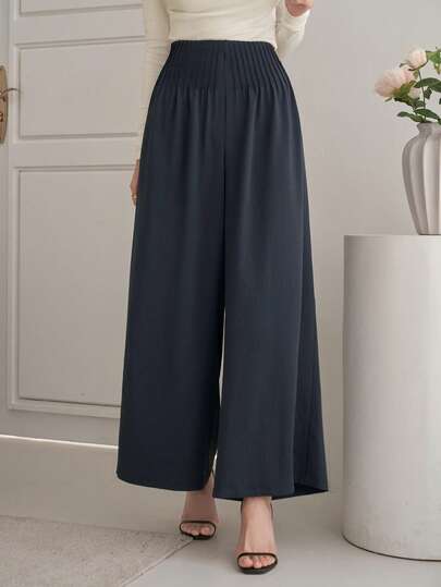 DAZY Women's Solid Color Pleated Loose Wide Leg Pants, Elegant Summer Holiday