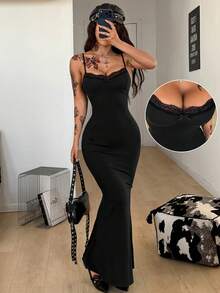 Coolane Women's Spring/Summer Streetwear Vacation Outfits Concert Outfit Y2K Daily Wear Elegant Casual Date Night Stretchy Lace Bow Bustier Long Dress,Valentine's Day - Black - View 1