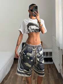 Muchica 女士字母迷彩印花抽绳腰宽松短裤 - 彩色 - 查看 7