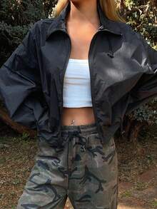 DAZY Women's Turndown Collar Short Hem Drawstring Casual Jacket, Vacation & Street Style - Black - View 4