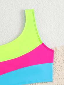 SHEIN Tween Girls Bikini Sets,Blue Colorblock Knit Fabric Halter Tankini Two-Piece Swimwear For Teenagers,Summer Beach Holiday,Full Coverage Bathing Suits - Multicolor - View 3
