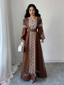 Elenzga 女士新款秋冬圣诞节万圣节感恩节新年优雅派对连衣裙，精致外出装扮，网纱拼接泡泡袖，佩里斯印花腰带V领，白色花卉印花婚礼宾客毕业礼服 - 咖啡棕 - 查看 3