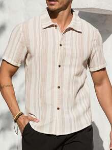 VIVINTIMO 男士夏季条纹短袖纽扣休闲衬衫 - 卡其色 - 查看 1