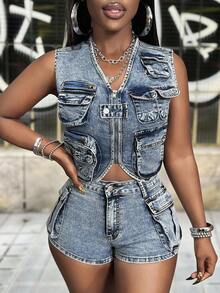 Slaydiva Set de 2 piezas de chaleco con cuello en V y bolsillo con cremallera, y shorts vaqueros con efecto desgastado vintage para mujer - Azul - Ver 4