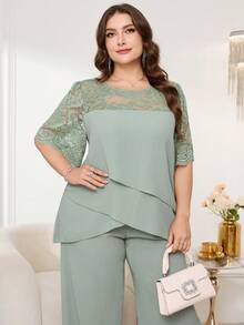 Reflora 大码女式圆领蕾丝拼接不对称下摆上衣和阔腿裤休闲两件套 - 綠色 - 查看 6