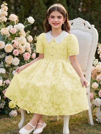 SHEIN 1pc Tween Girls' Elegant Woven Organza Embroidered Collar Luxurious Faux Pearl Button Decor Pleated Hem Short Sleeve Dress, Casual Everyday Wear, Party, Banquet