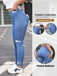 Flexra 女士弹力腰带口袋修身休闲百搭牛仔裤 - 藍色 - 查看 1