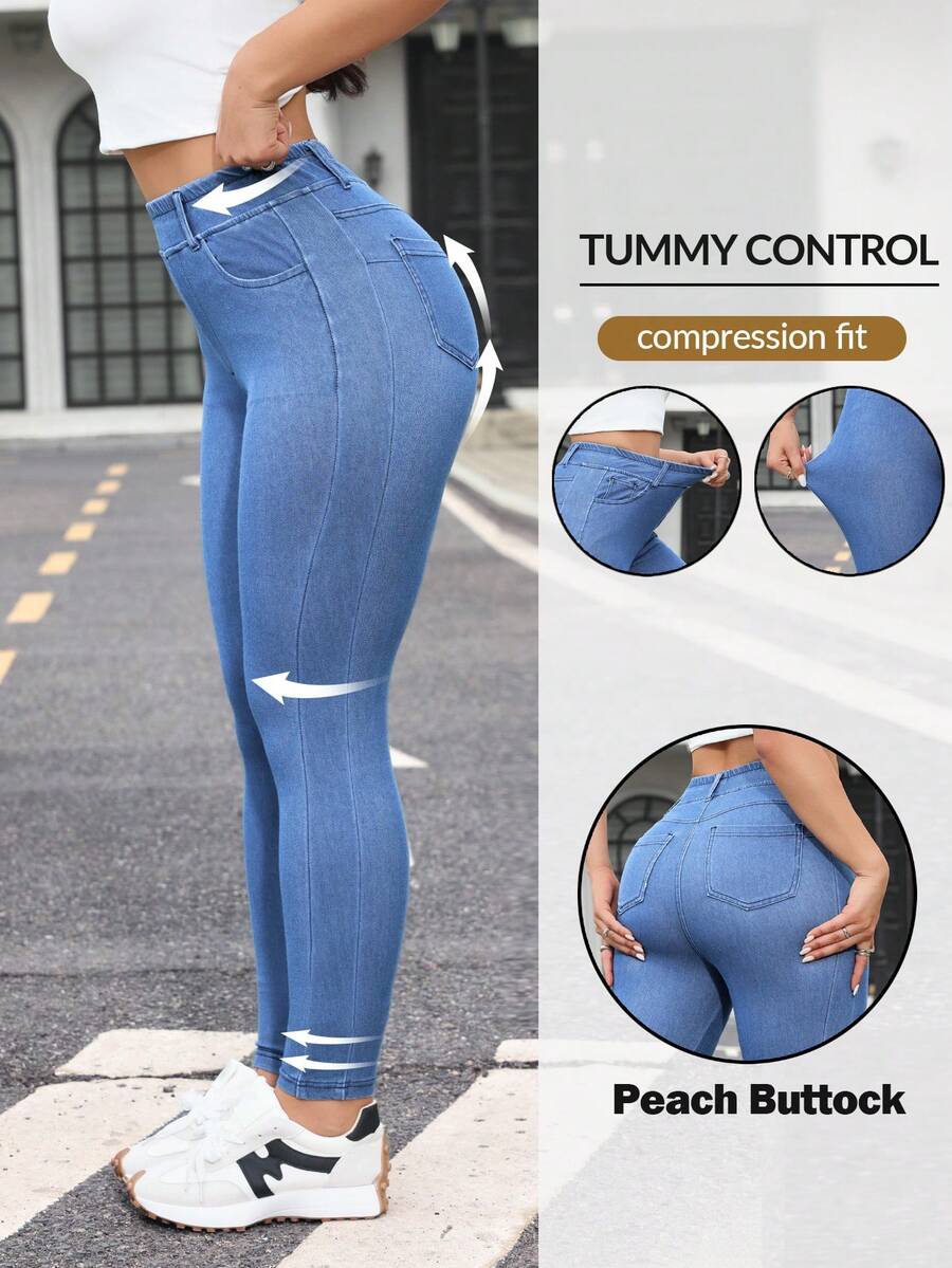 Flexra 女士弹力腰带口袋修身休闲百搭牛仔裤 - 藍色 - 查看 1