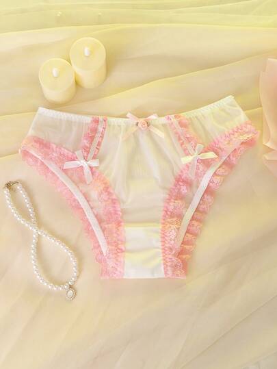 White Lace Patchwork Bow Ruffle Trim Elegant Briefs, Suitable For Wedding Season