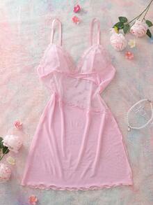 SHEIN Áo ngủ lãng mạn ôm dáng, cổ chữ V sâu, chất liệu lưới phối nhiều mảnh, thêu hoa, dành cho nữ. - Hồng - Xem 6