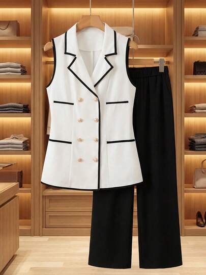 GlowEve CURVE Plus Size Women's Woven Regular Early Spring Elegant Commuter Fashion Black & Apricot Color Block Sleeveless Metal Hand-Sewn Button 3D Floral Suit Set