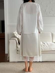 DAZY Elegant Ruffle Collar Petal Sleeve Top & Satin Lace Patchwork Camisole Nightgown Women Sleepwear Set - Green - View 2