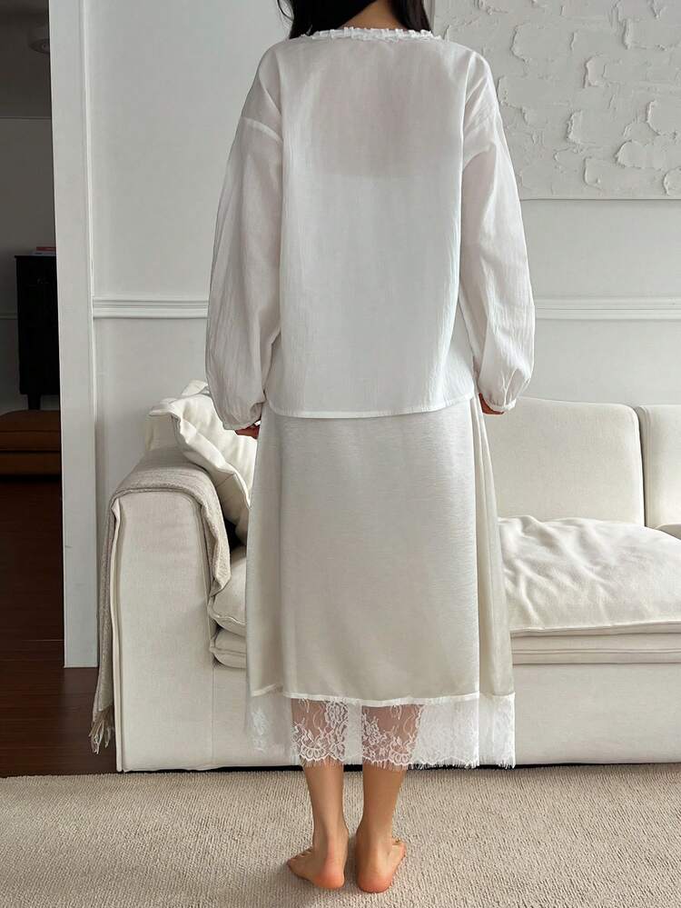 Elegant Ruffle Collar Petal Sleeve Top & Satin Lace Patchwork Camisole Nightgown Women Sleepwear Set